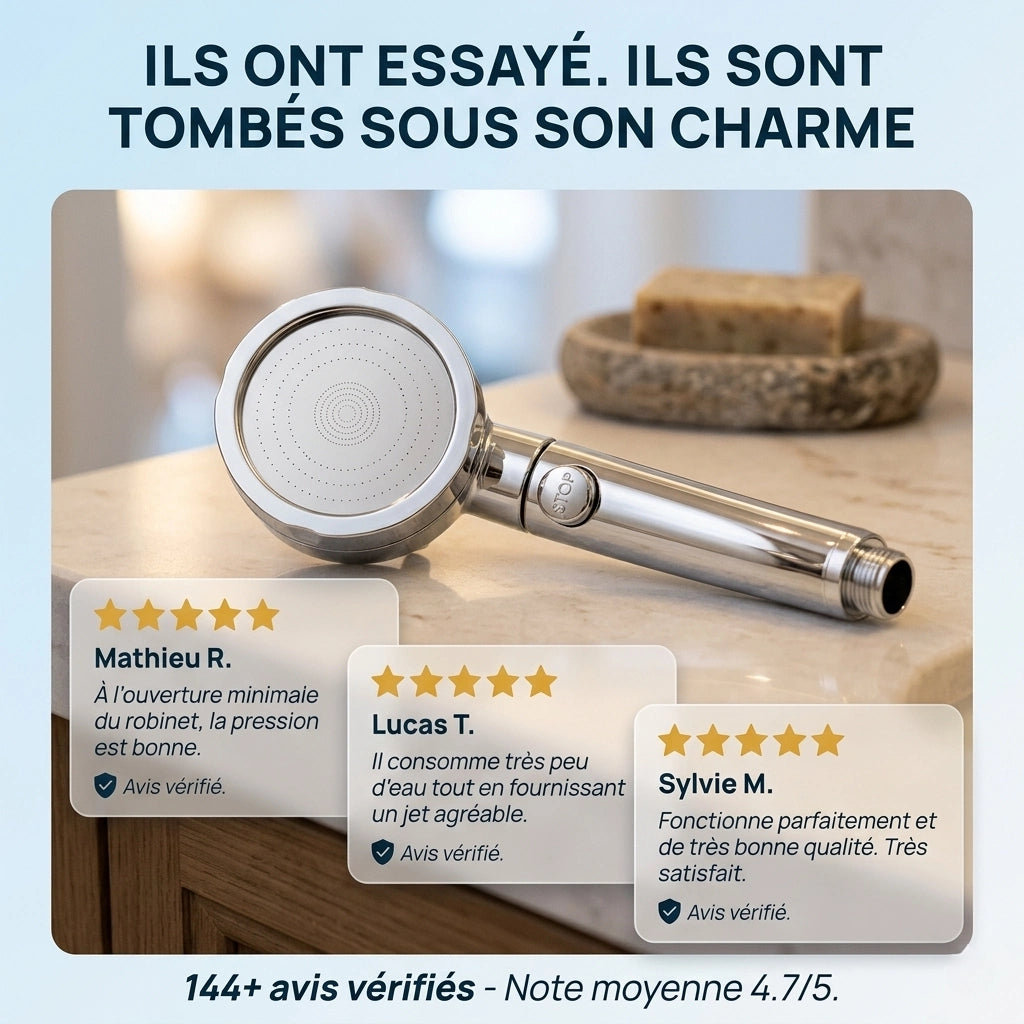 Pommeau de douche à économie d'eau - vue de dos sur fond blanc