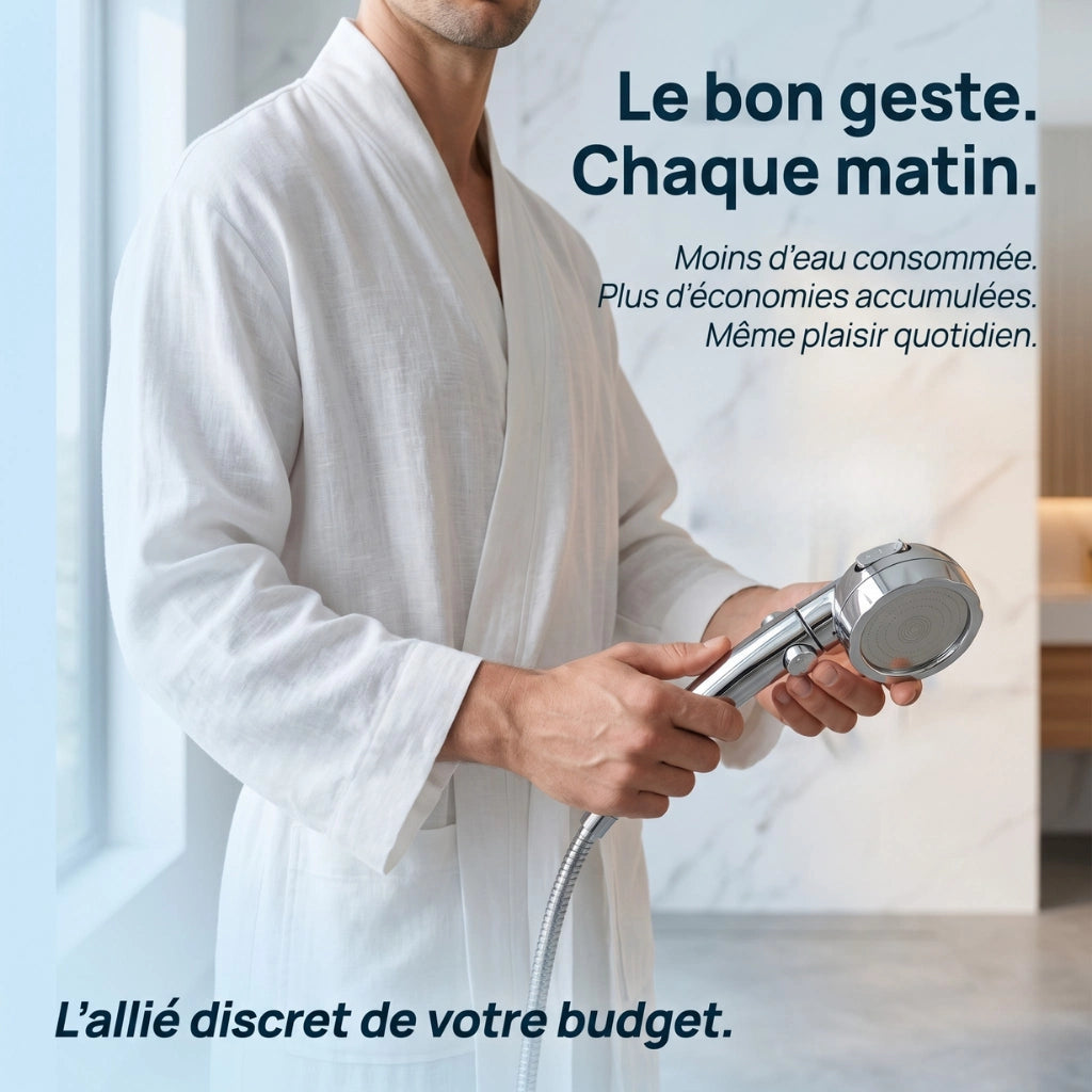Pommeau de douche à économie d'eau - détail des buses sur fond blanc