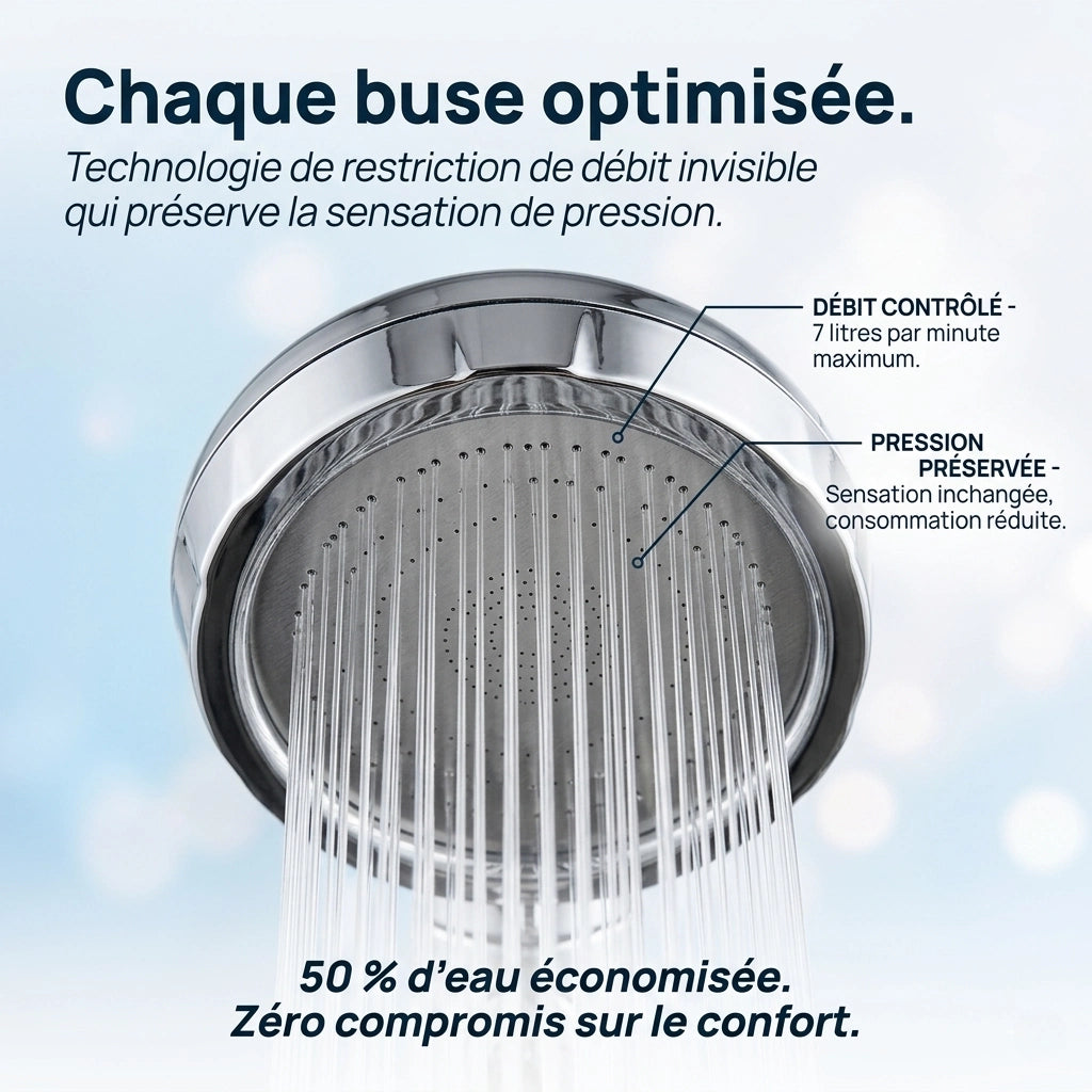 Pommeau de douche à économie d'eau - vue rapprochée sur fond blanc
