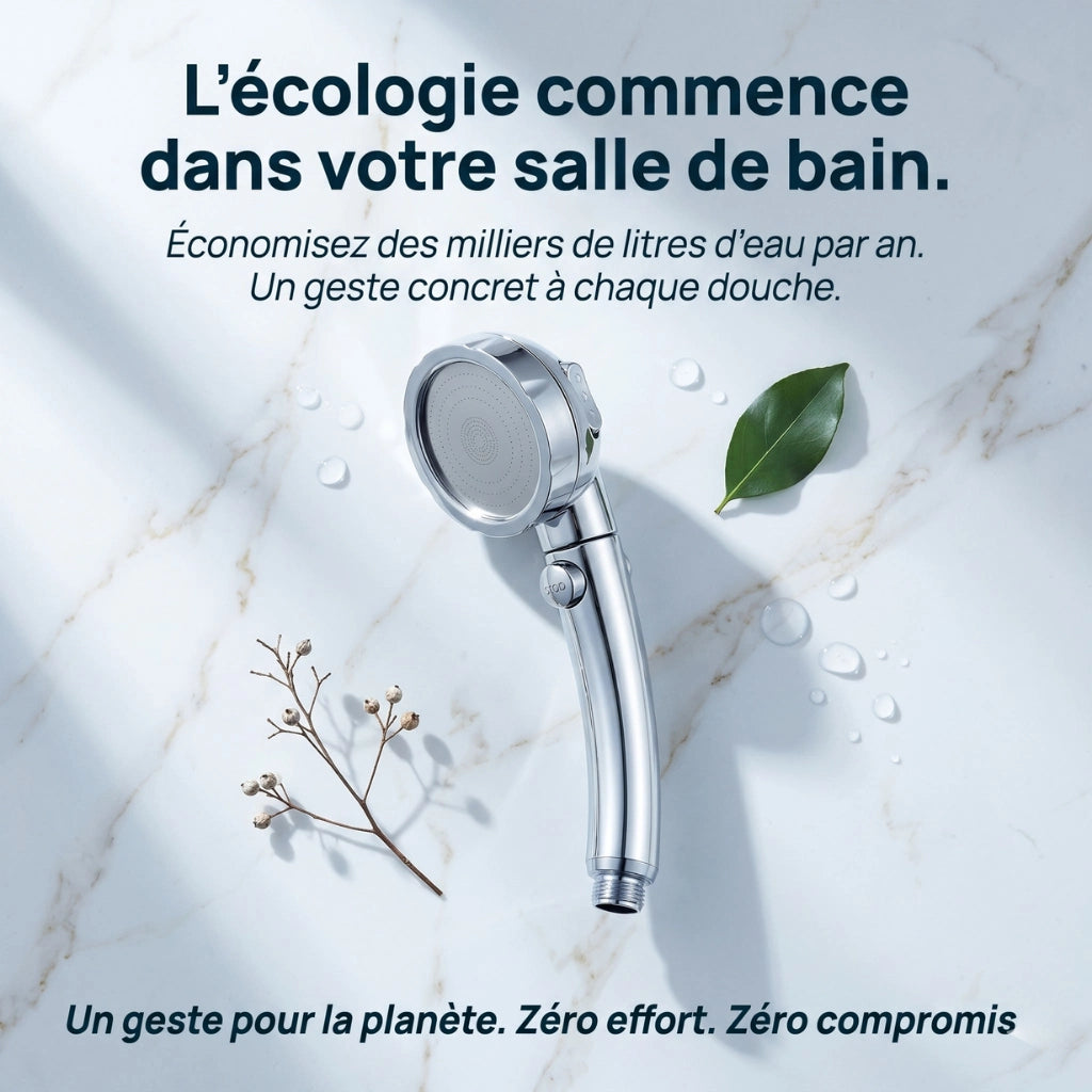 Pommeau de douche à économie d'eau - détail du mécanisme sur fond blanc