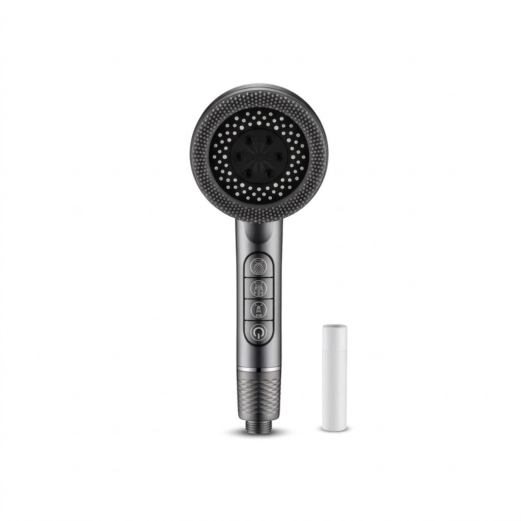 Pommeau de douche gris économique connecté avec filtre vu de face sur fond blanc
