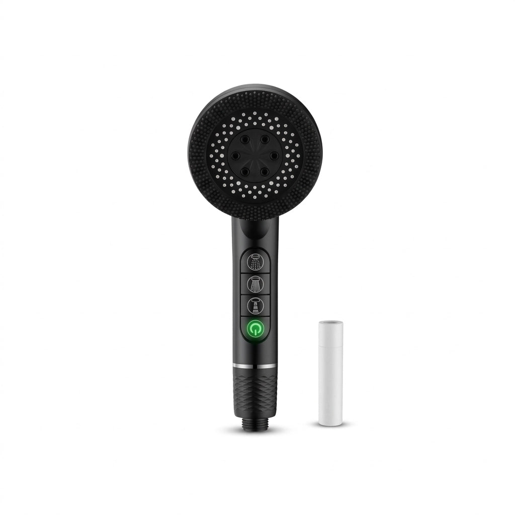 Pommeau de douche noir économique connecté avec filtre vu de face sur fond blanc