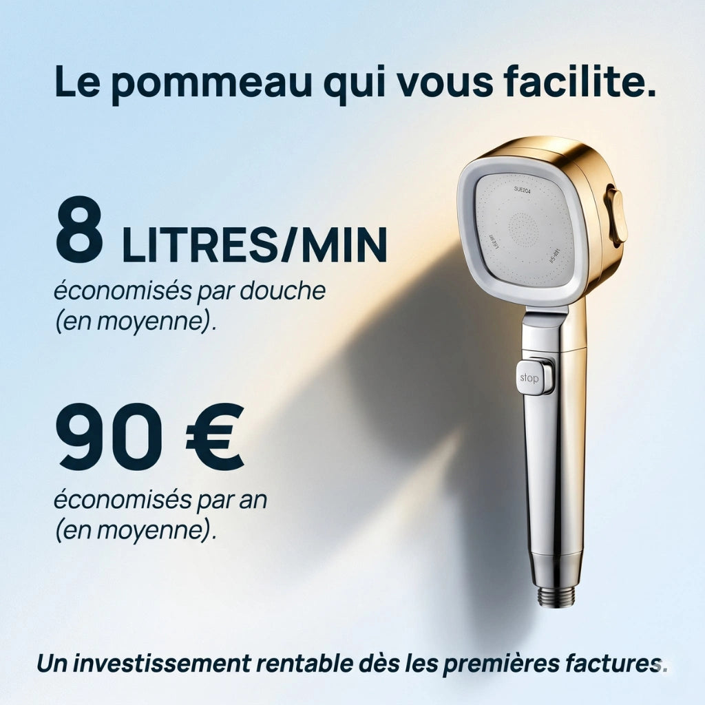 Pommeau de douche économique haute pression - vue de côté sur fond blanc