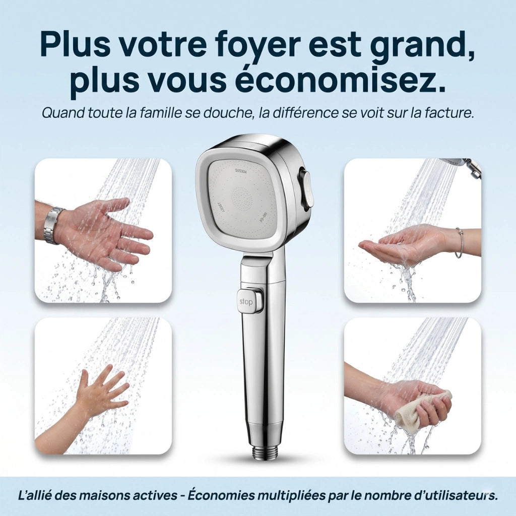 Pommeau de douche économique haute pression - vue d'ensemble sur fond blanc