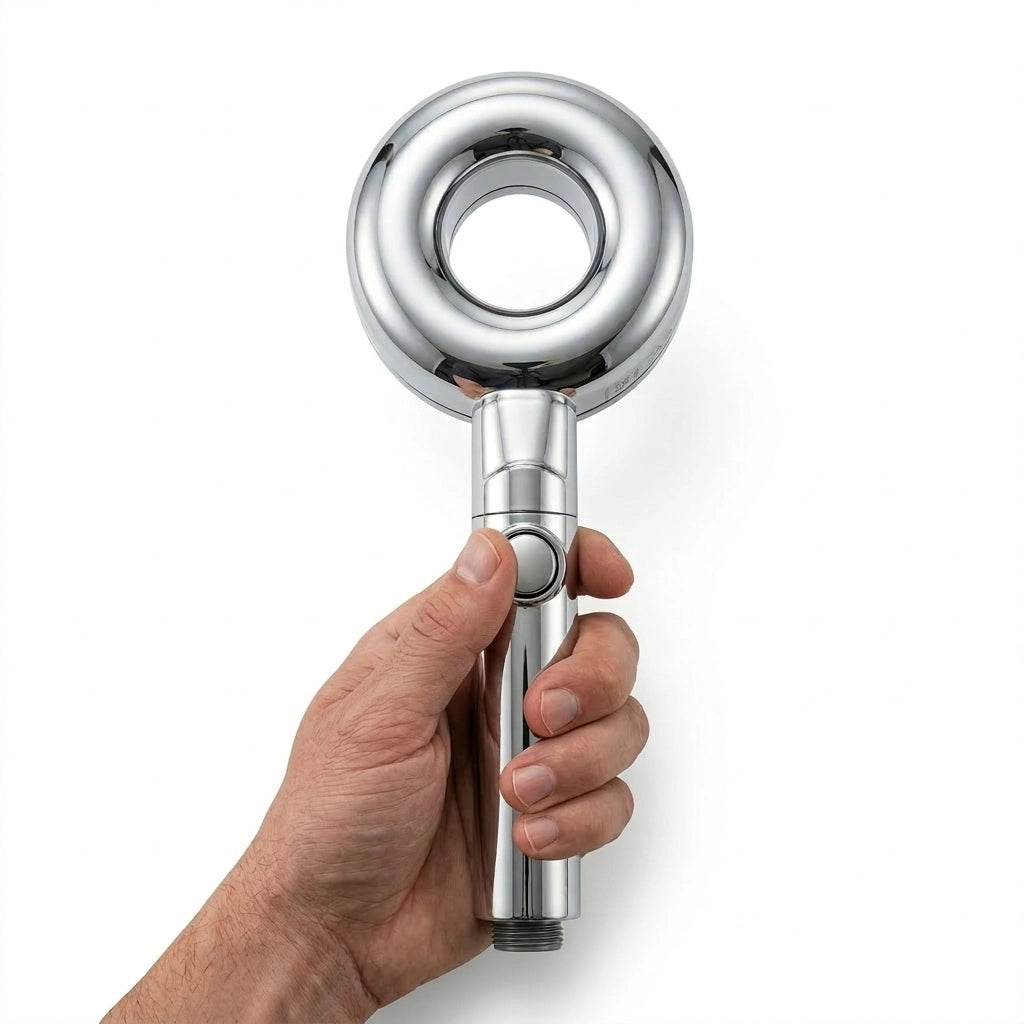 Pommeau de douche design moderne avec fonction économie d’eau tenu de dos