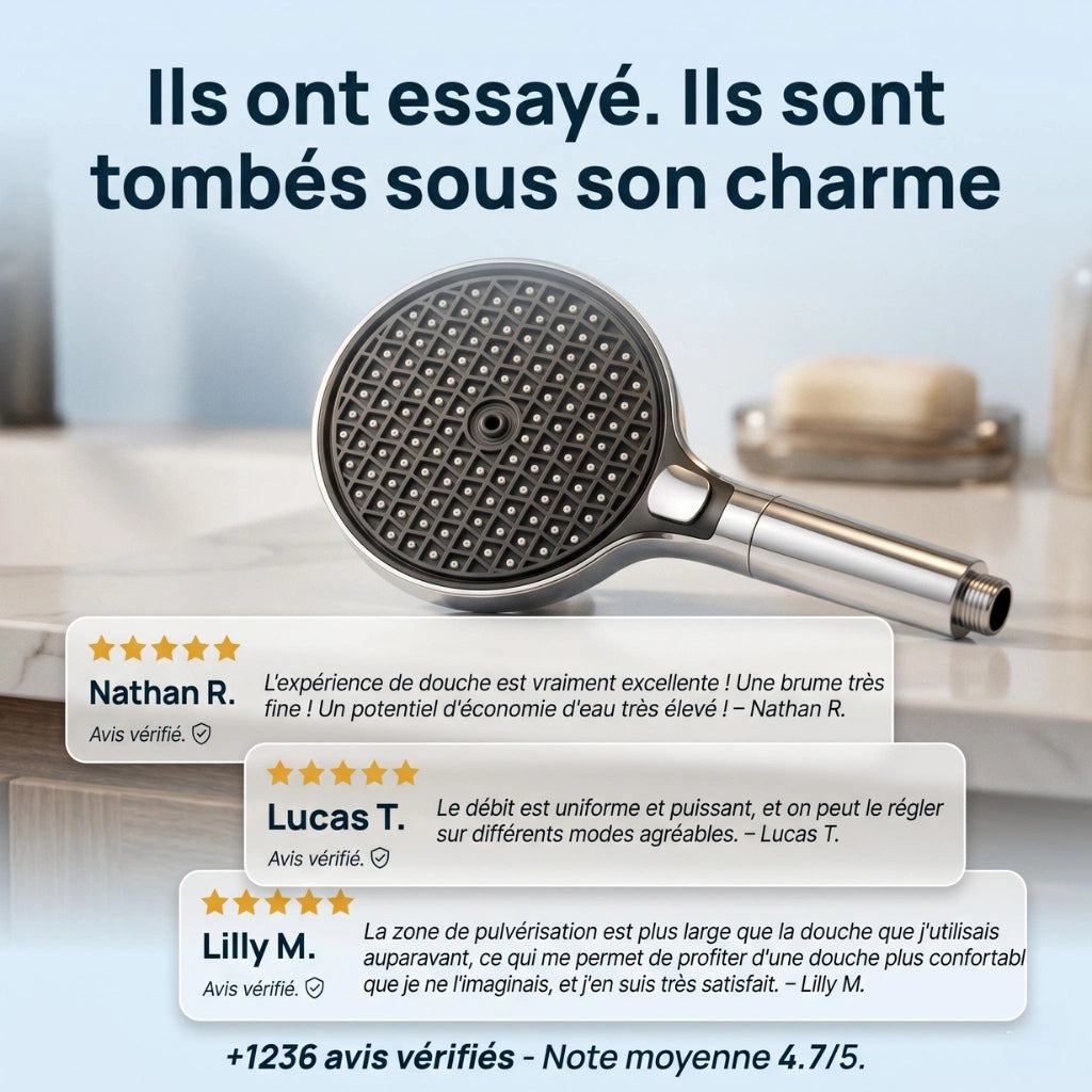 Pommeau de douche filtrant à haute pression - détail du mécanisme sur fond blanc