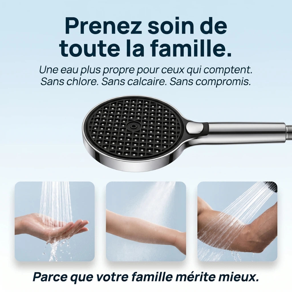 Pommeau de douche filtrant à haute pression - vue rapprochée sur fond blanc