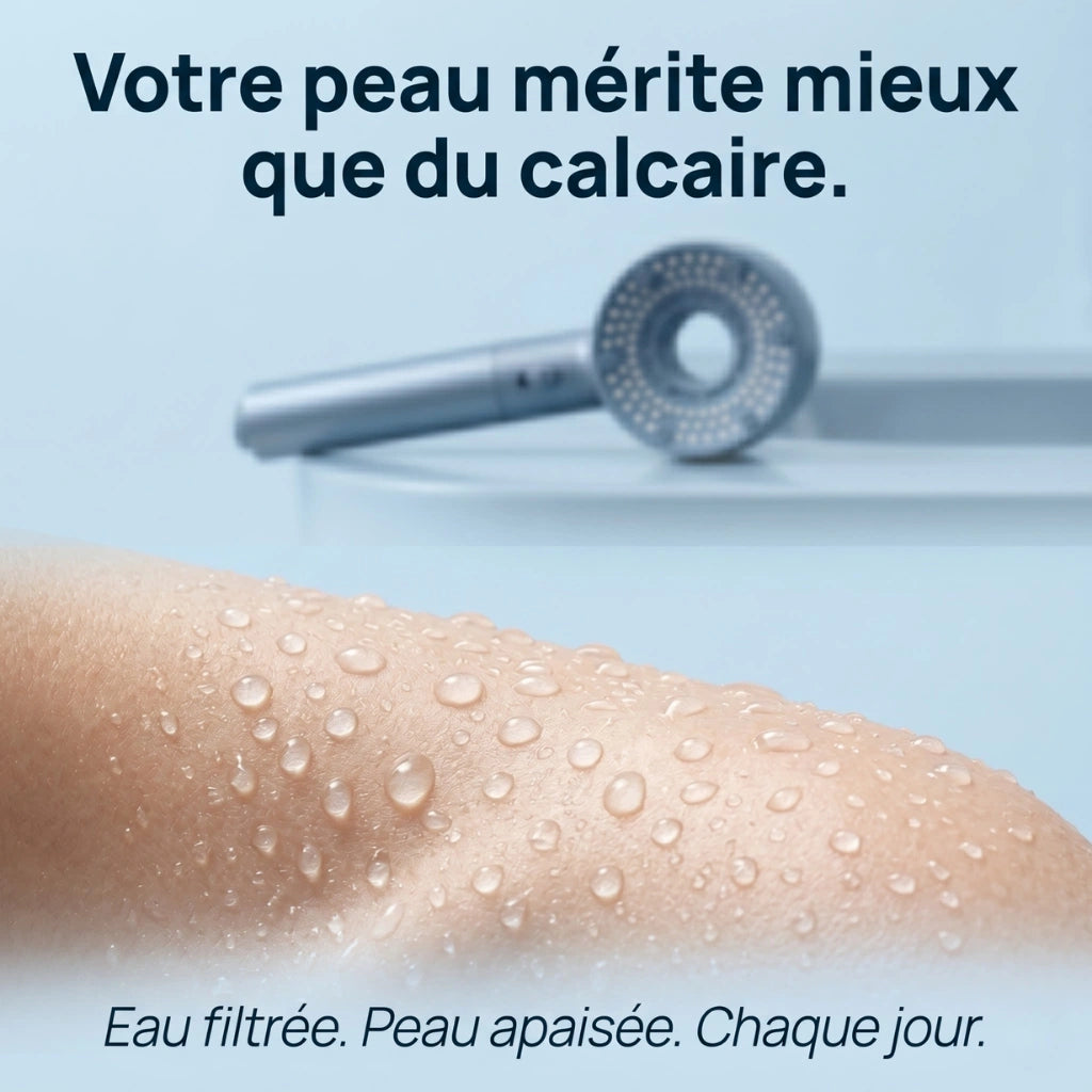Pommeau de douche filtrant stop eau - vue de face sur fond blanc