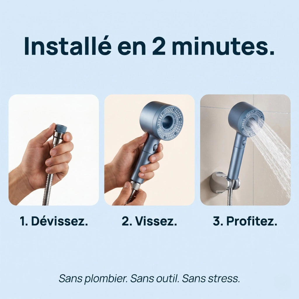 Pommeau de douche filtrant stop eau - vue de côté sur fond blanc