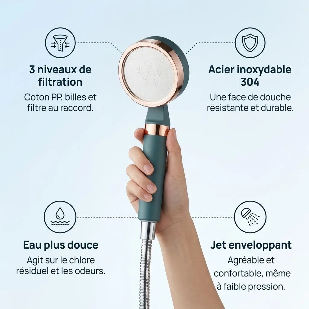 Pommeau de douche filtrant vert et or rose : 3 niveaux de filtration, acier inoxydable 304
