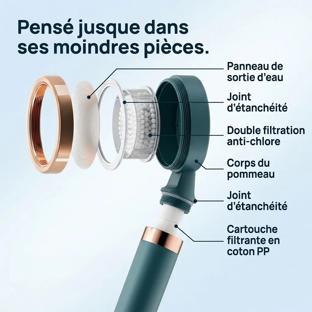 Vue éclatée du pommeau de douche filtrant vert et or rose