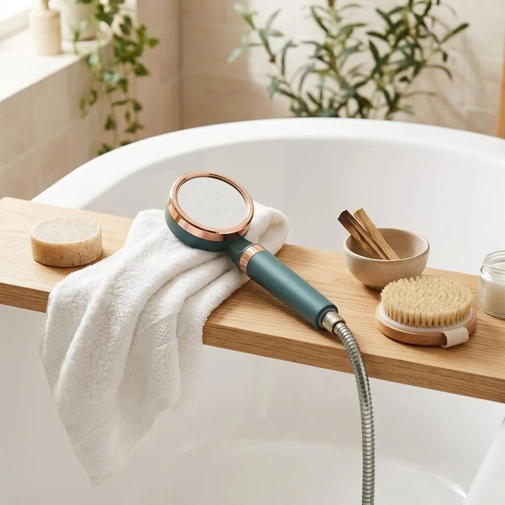 Pommeau de douche filtrant vert et or rose posé sur le bord d'une baignoire