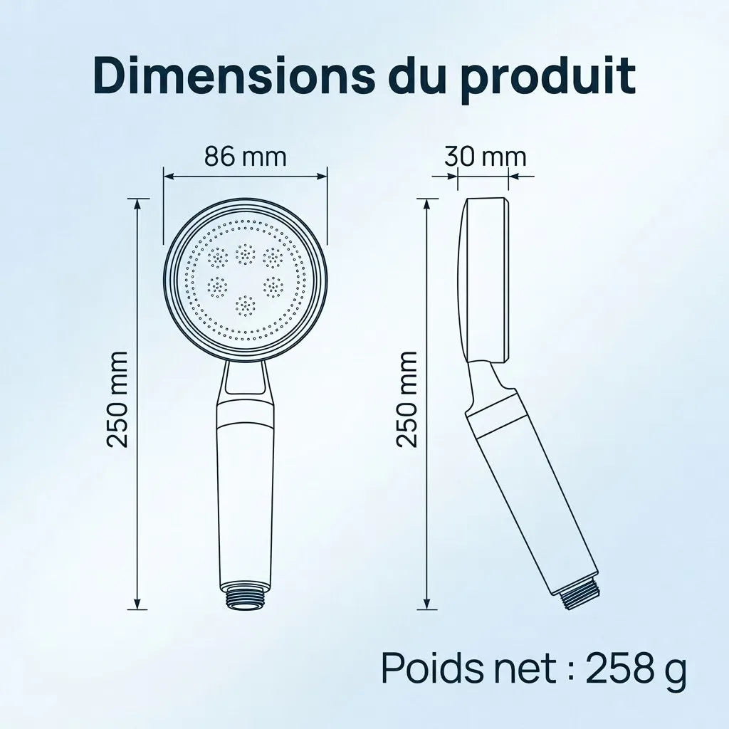 Dimensions du pommeau de douche filtrant vert et or rose