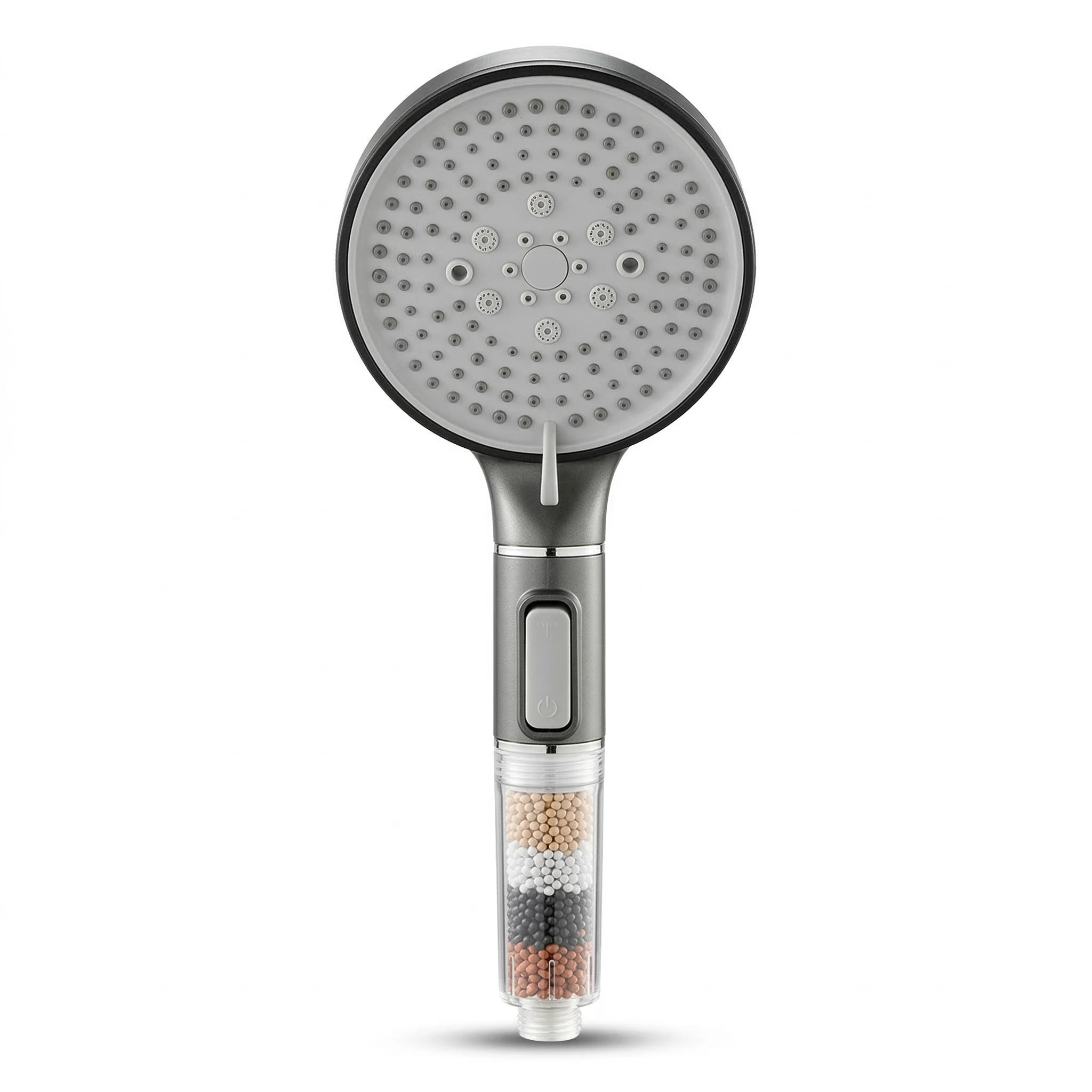 Pommeau de douche à billes avec plusieurs jets vu de face sur fond blanc