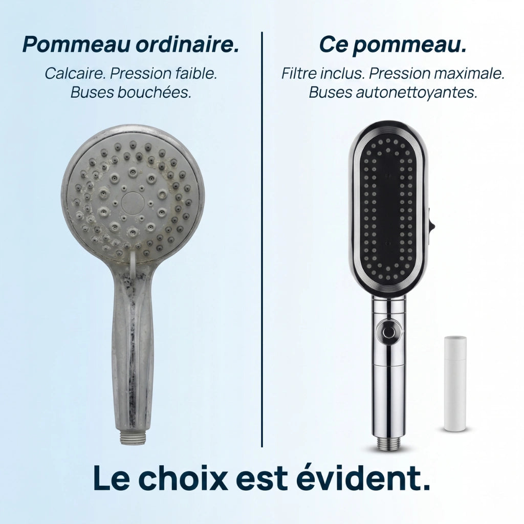 Comparaison pommeau de douche avec filtre anticalcaire et pommeau ordinaire.