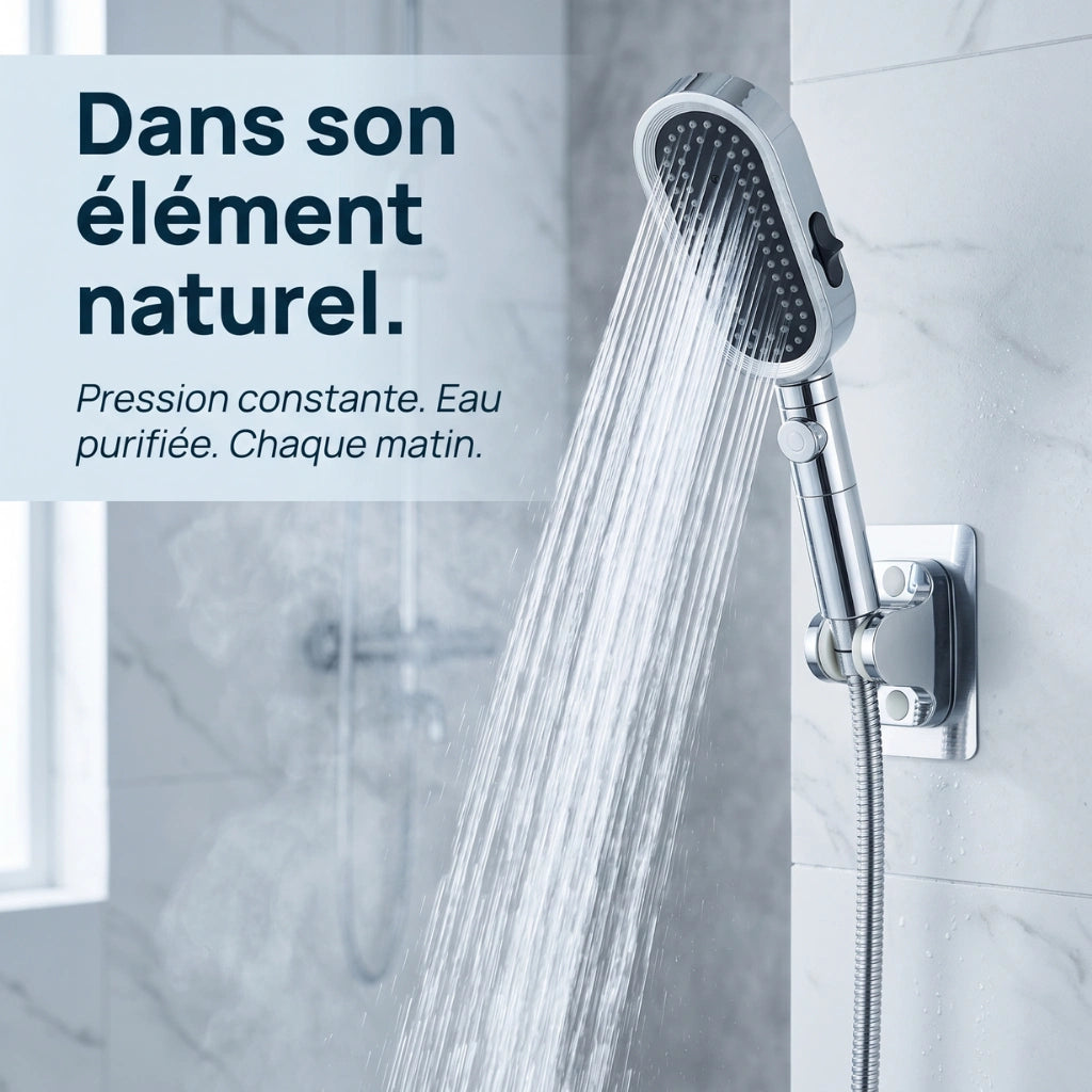 Pommeau de douche avec filtre anticalcaire dans son habitat naturel dans une douche.