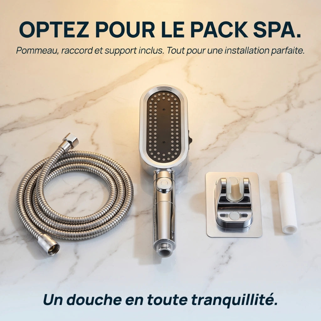 Pack spa pommeau de douche avec filtre anticalcaire et jet puissant vu de face sur du marbre.