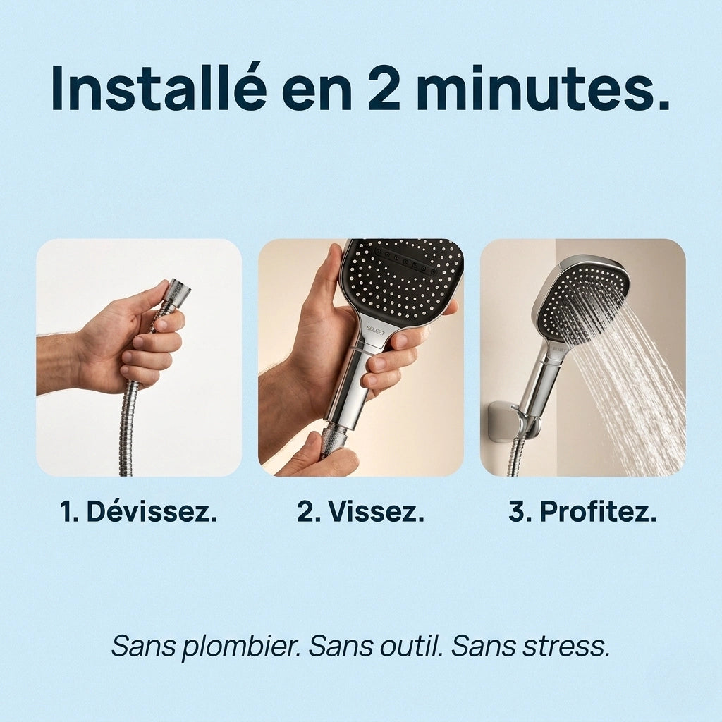 Pommeau de douche haute pression avec filtre - vue de côté sur fond blanc