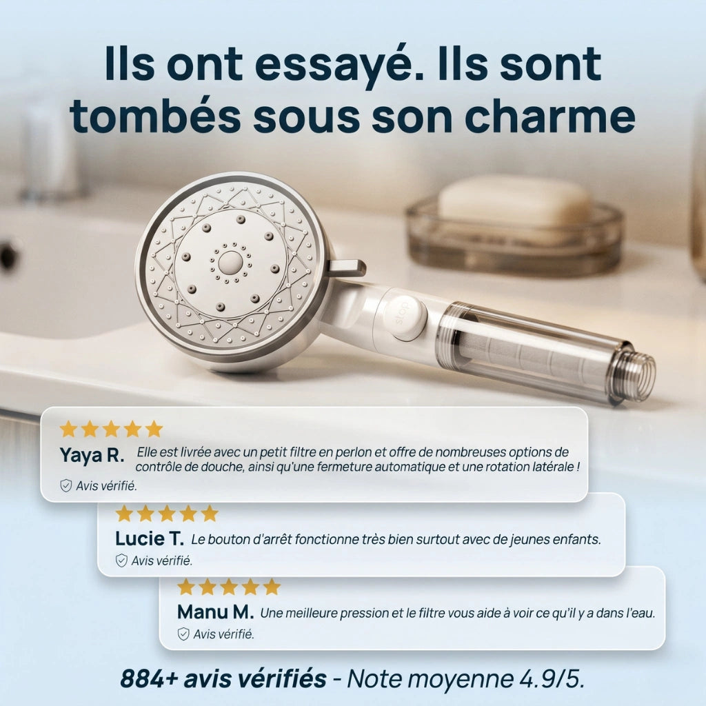 Pommeau de douche économique transparent avec filtre - vue rapprochée sur fond blanc