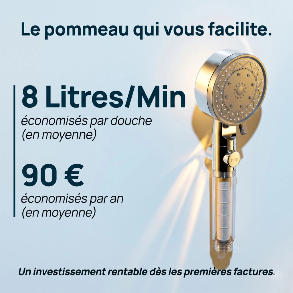 Pommeau de douche économique transparent avec filtre - vue de côté sur fond blanc