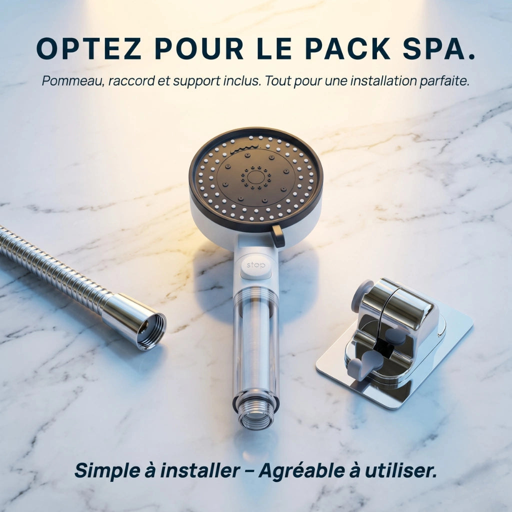 Pommeau de douche économique transparent avec filtre - vue d'ensemble sur fond blanc