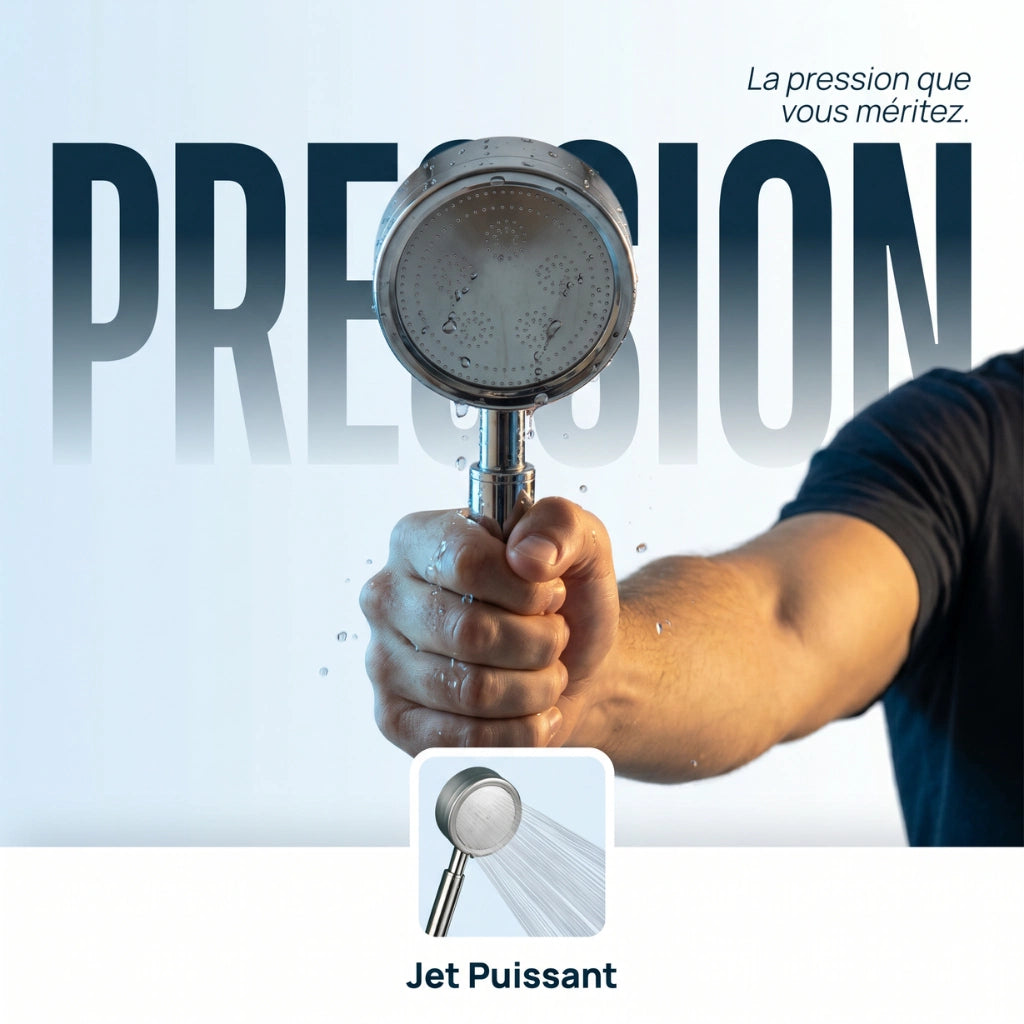 Pommeau de douche haute pression en acier inoxydable - vue de face sur fond blanc