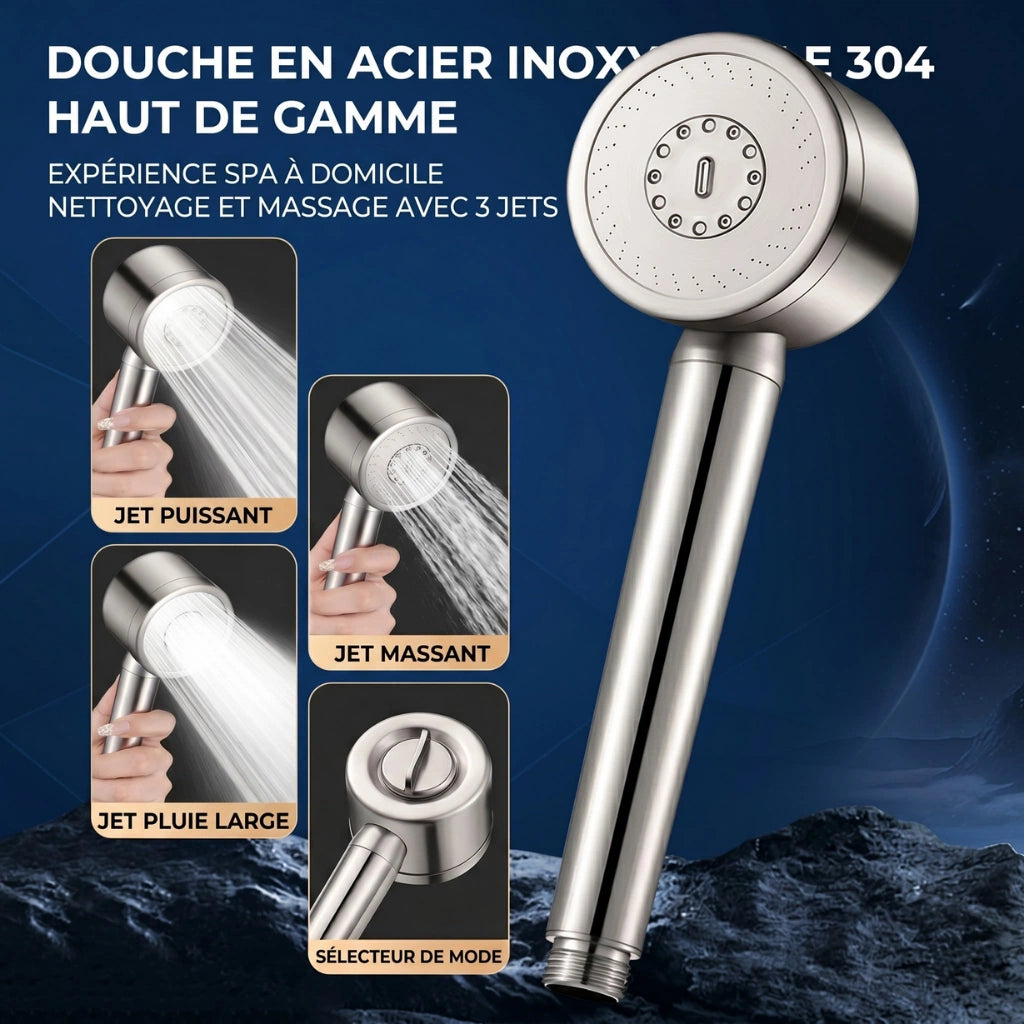 Pommeau de douche design en acier inoxydable avec jet d’eau puissant