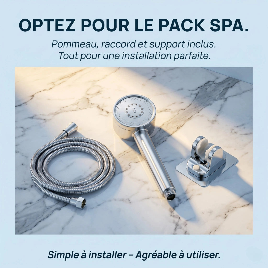 Pommeau de douche acier inoxydable haute pression pulvérisateur - vue rapprochée sur fond blanc