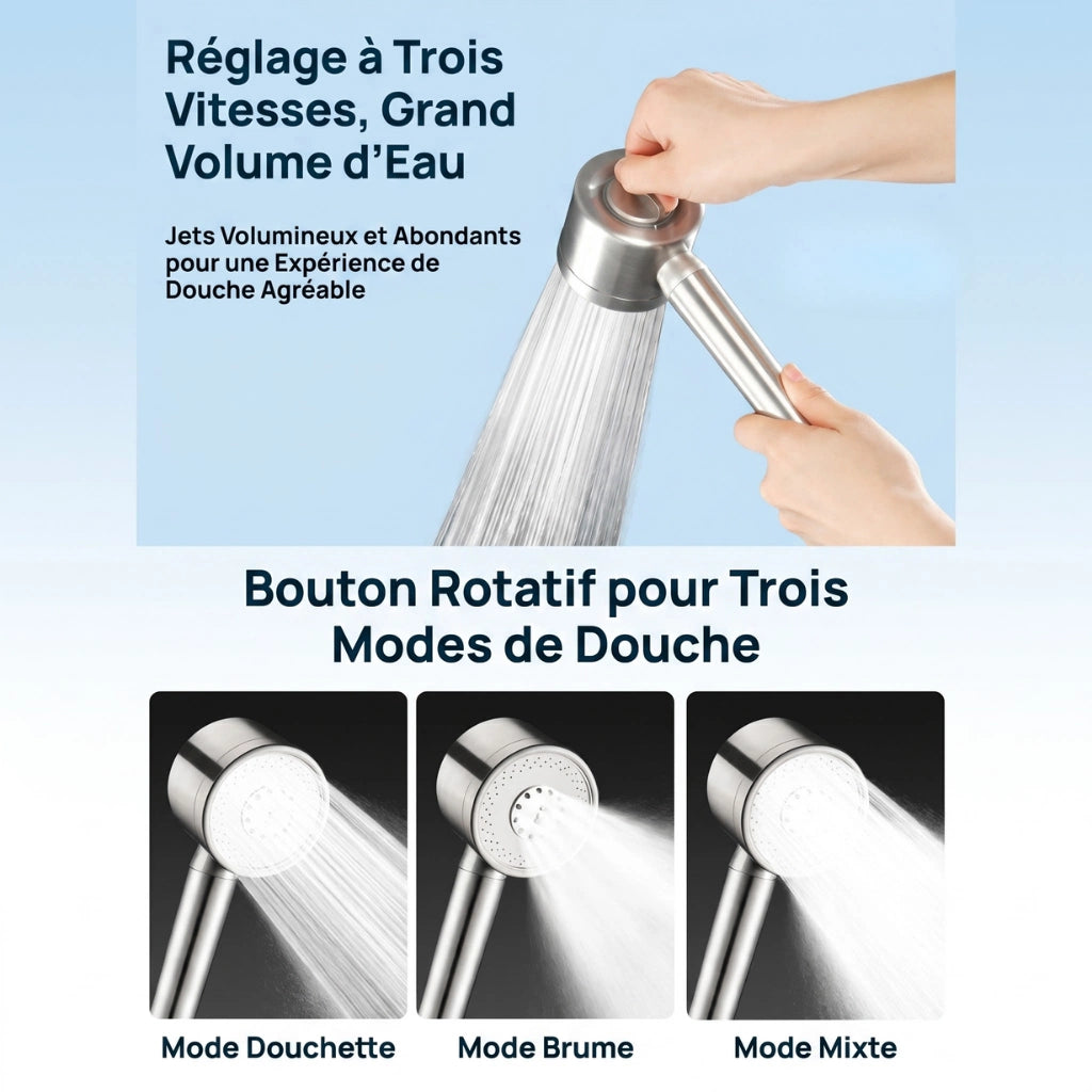 Pommeau de douche acier inoxydable haute pression pulvérisateur - vue de dos sur fond blanc