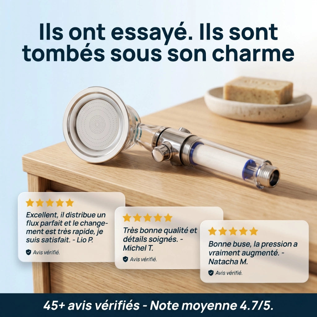 Pommeau de douche hélice anti calcaire à filtre - vue de côté sur fond blanc