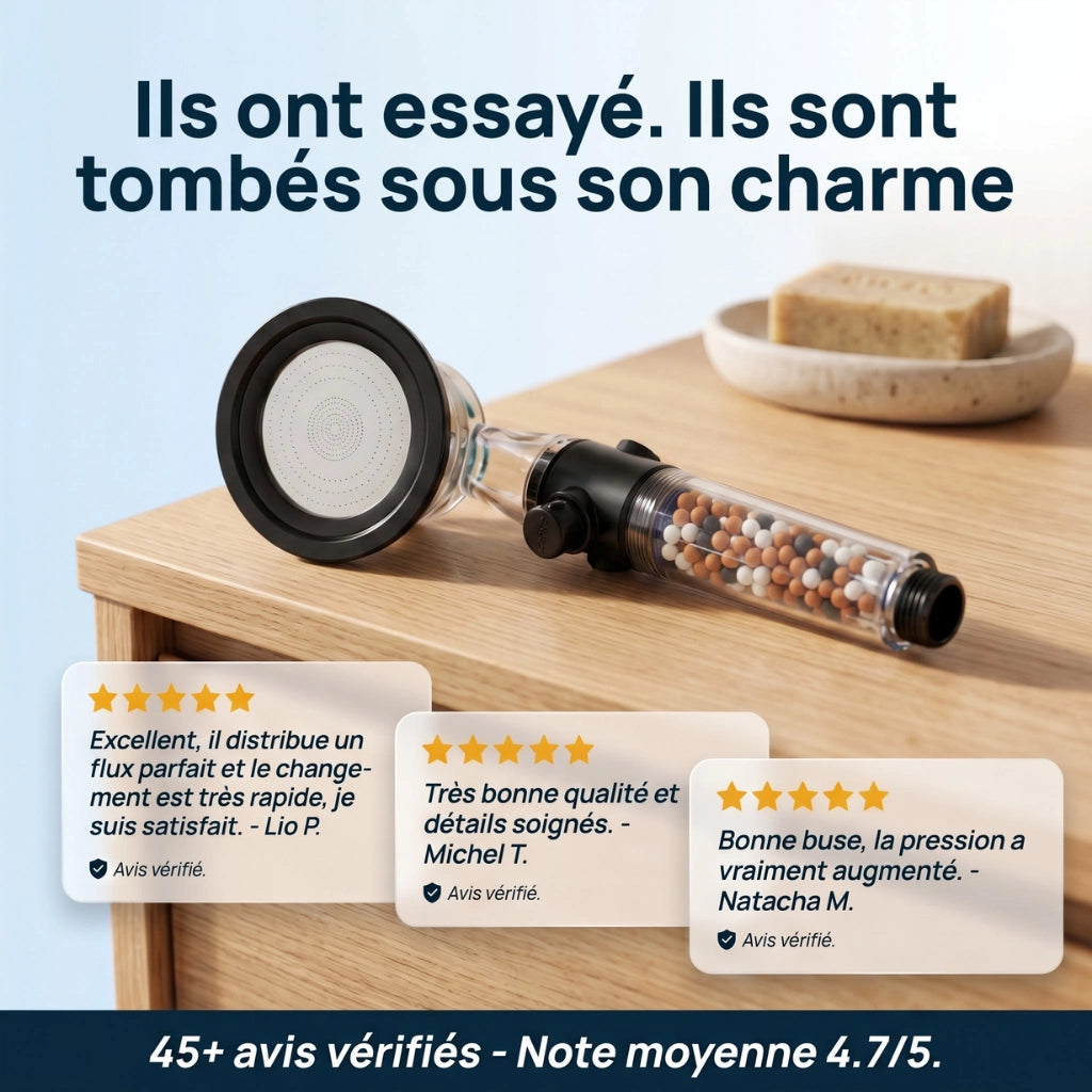 Pommeau de douche hélice anti calcaire à billes - vue de côté sur fond blanc