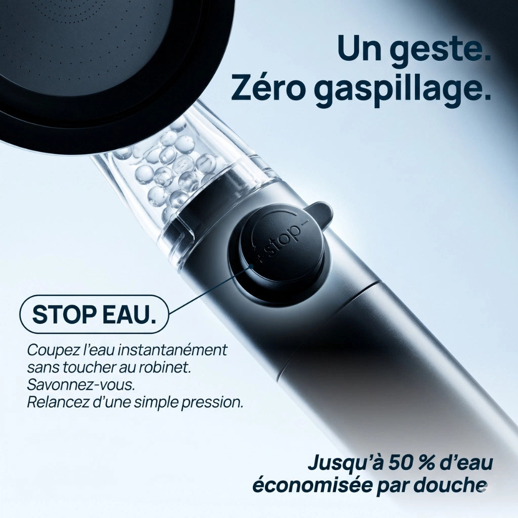 Pommeau de douche hélice anti calcaire à billes - détail des buses sur fond blanc
