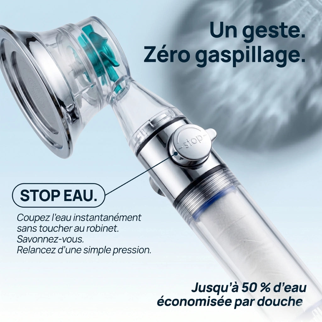 Pommeau de douche hélice anti calcaire à filtre - vue rapprochée sur fond blanc