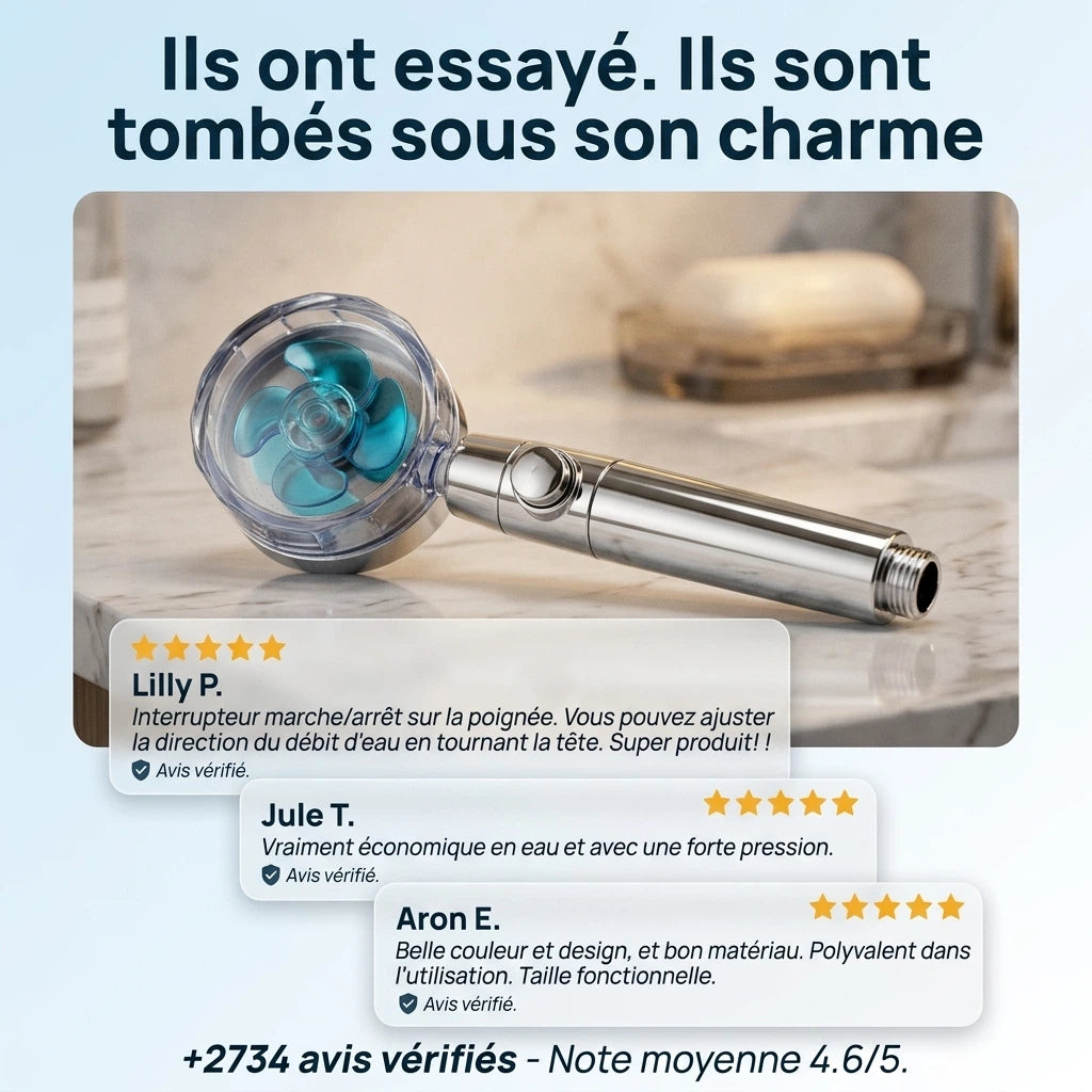 Pommeau de douche filtrant à hélice - vue rapprochée sur fond blanc