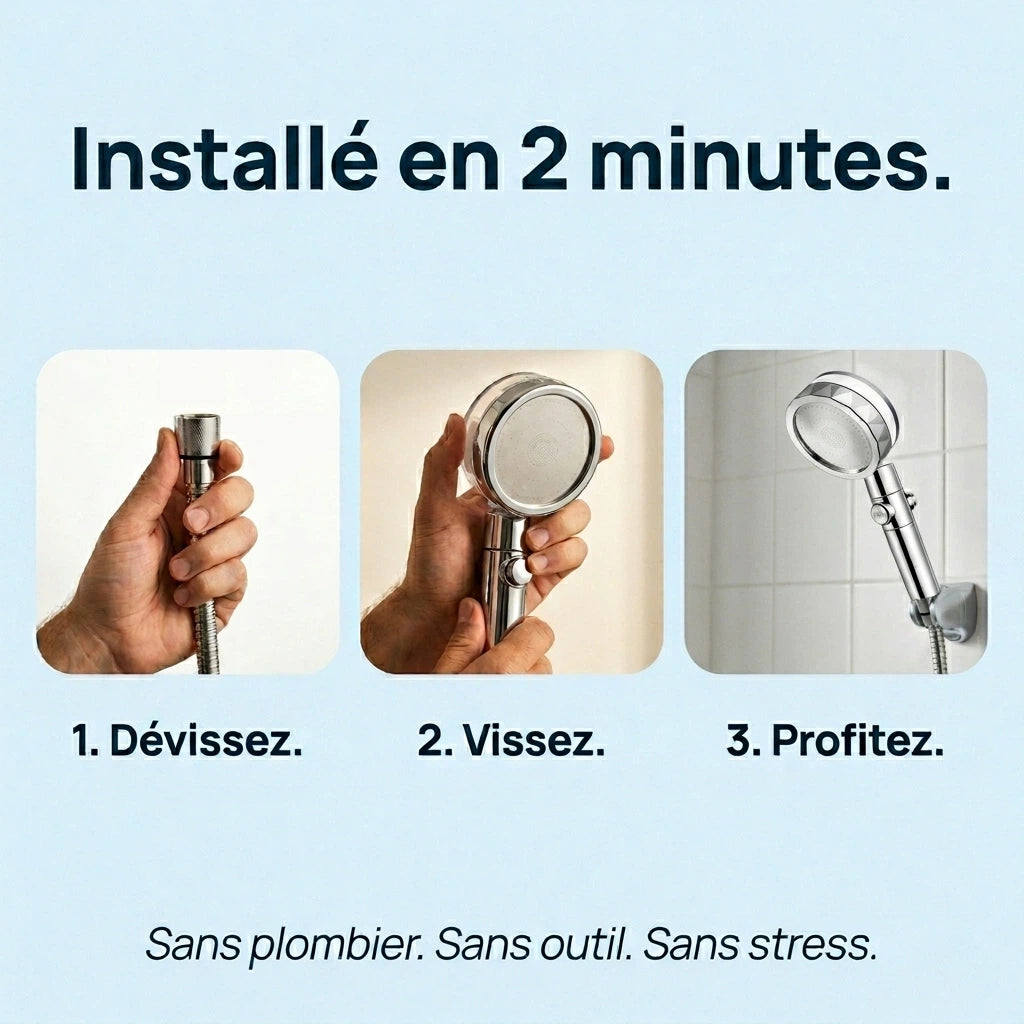 Pommeau de douche filtrant à hélice - en utilisation dans la douche