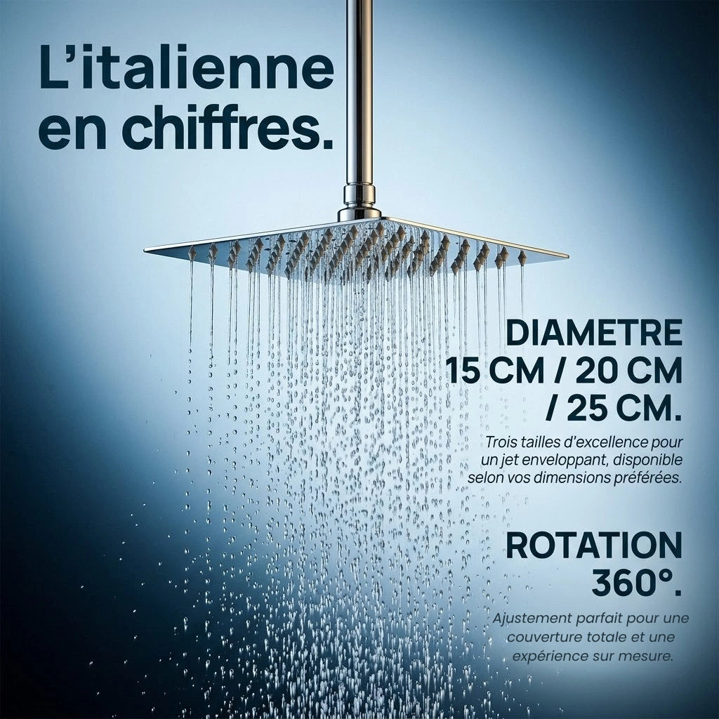Pommeau de douche italienne carré en acier inoxydable - vue de côté sur fond blanc