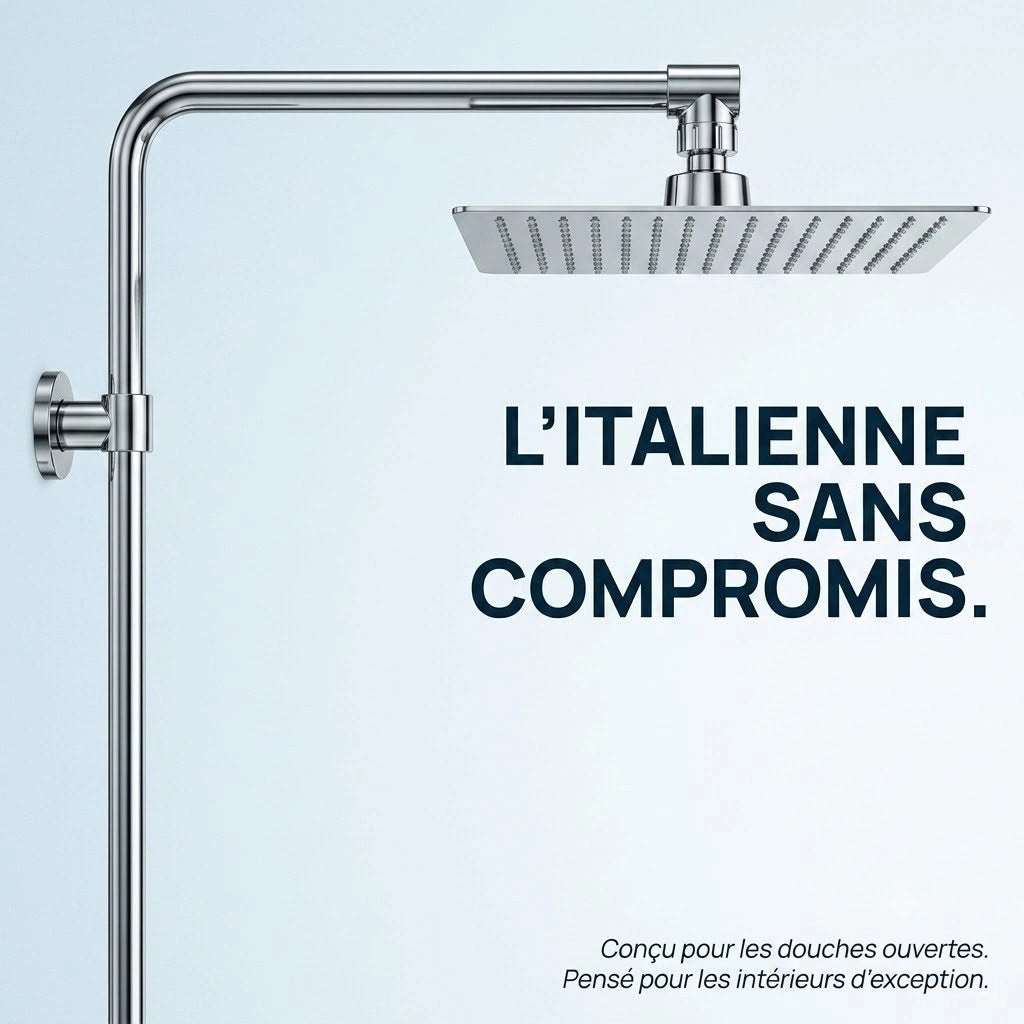 Pommeau de douche italienne carré en acier inoxydable - vue de dos sur fond blanc
