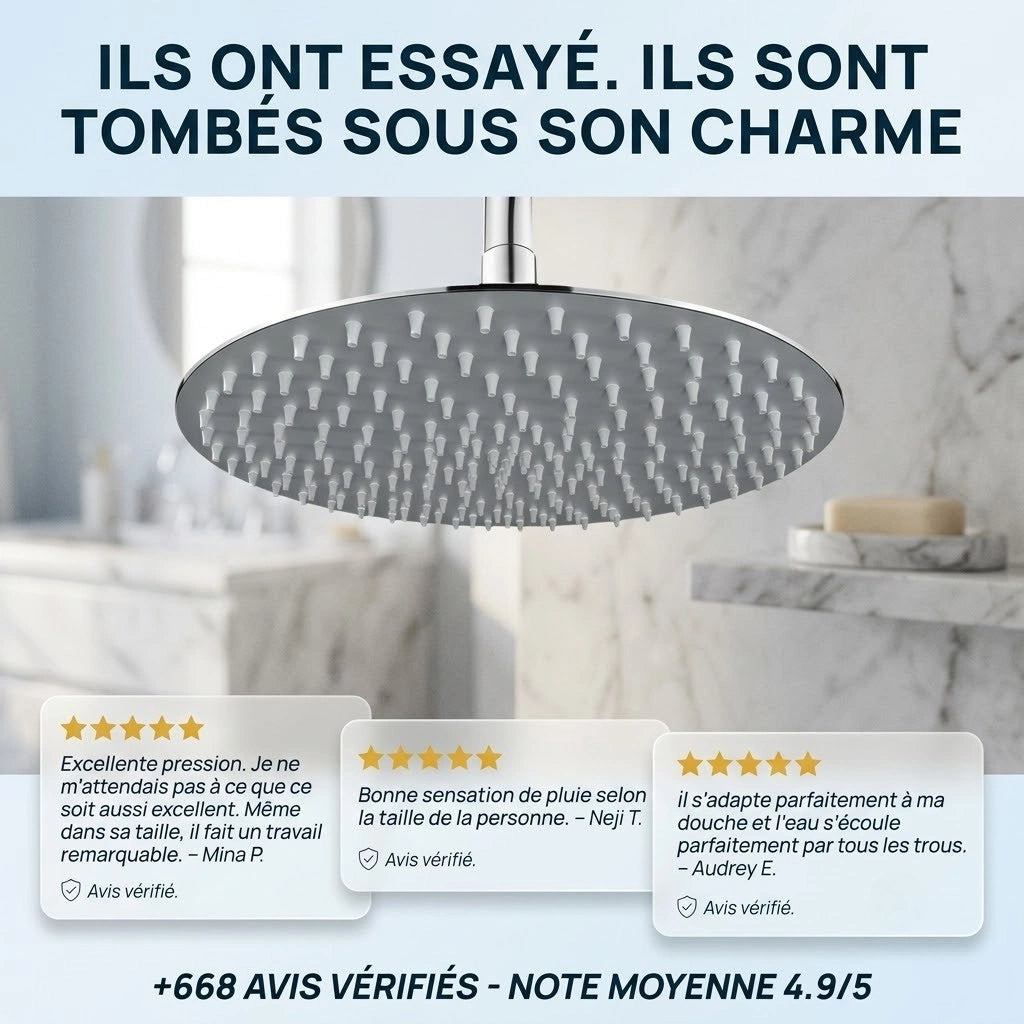 Pommeau de douche italienne rond en acier inoxydable - vue de détail sur fond blanc
