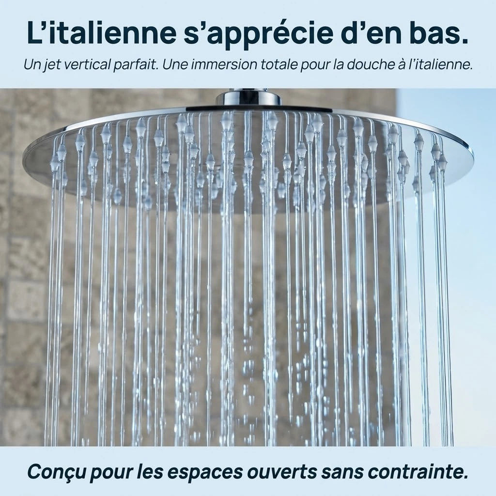 Pommeau de douche italienne rond en acier inoxydable - vue de côté sur fond blanc