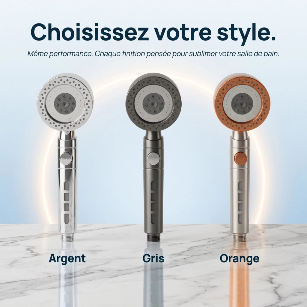 Trois variantes pommeau de douche jet puissant argent, gris et orange.