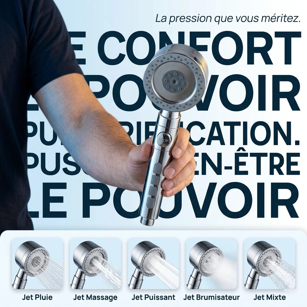 Pommeau de douche anticalcaire avec jet intense modes
