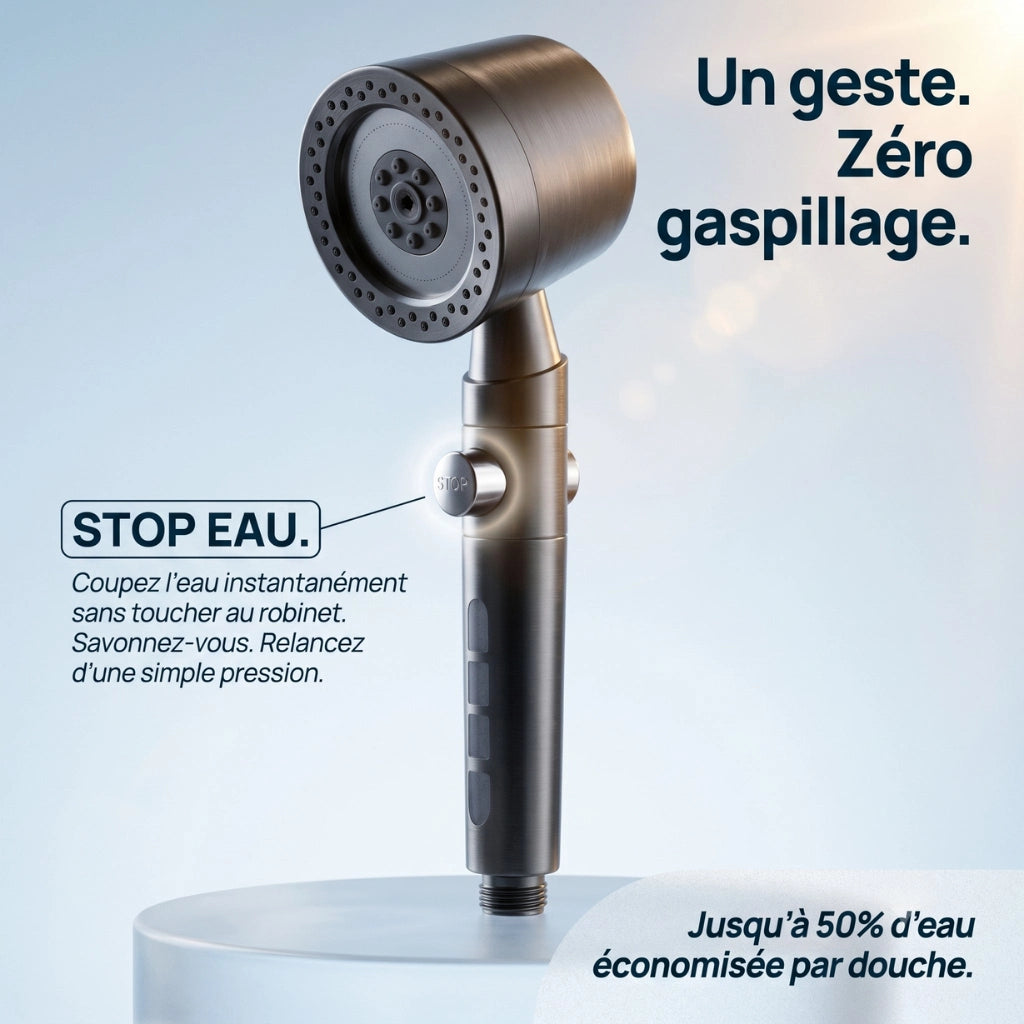 Pommeau de douche anticalcaire avec jet intense bouton stop eau
