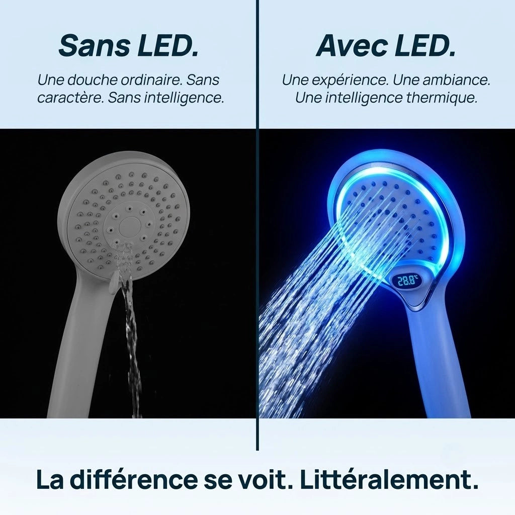 Pommeau de douche à led à affichage numérique - vue de côté sur fond blanc