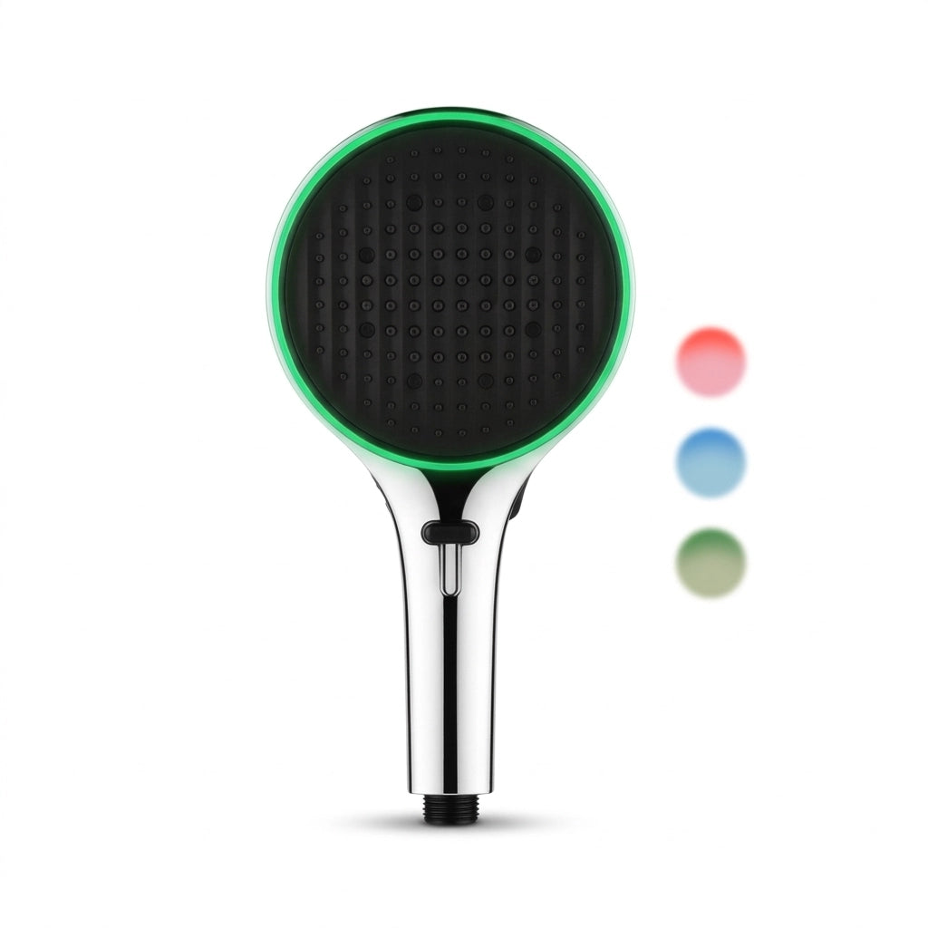 Pommeau de douche argent avec lumière LED ambiance vu de face sur fond blanc