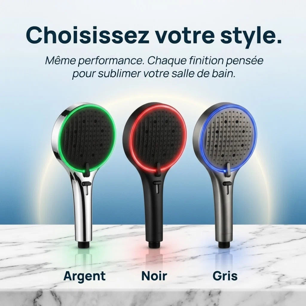Pommeau de douche lumière ambiante led - détail des buses sur fond blanc