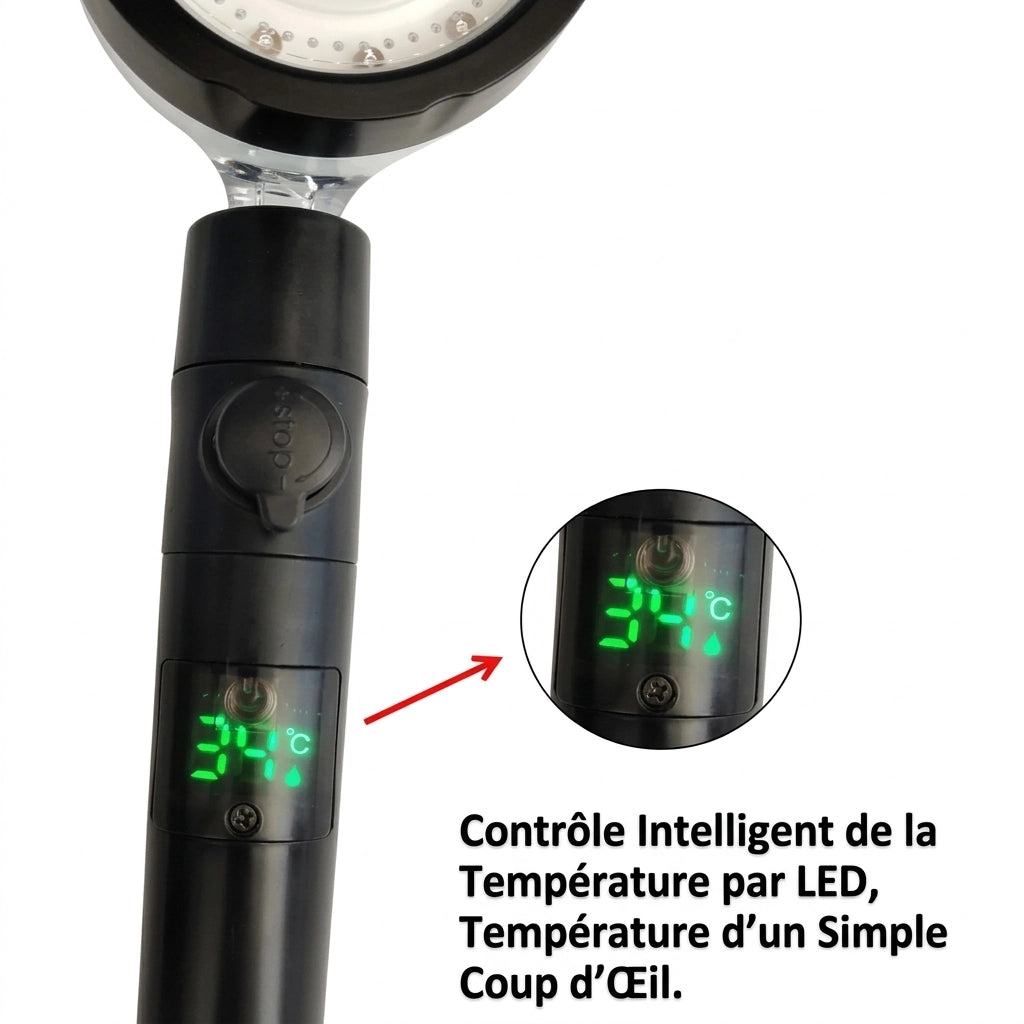 Pommeau de douche avec LED changeant de couleur selon la température avec affichage numérique
