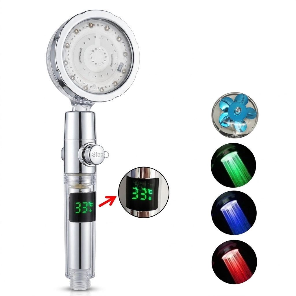 Pommeau de douche avec LED changeant de couleur selon la température vu de côté