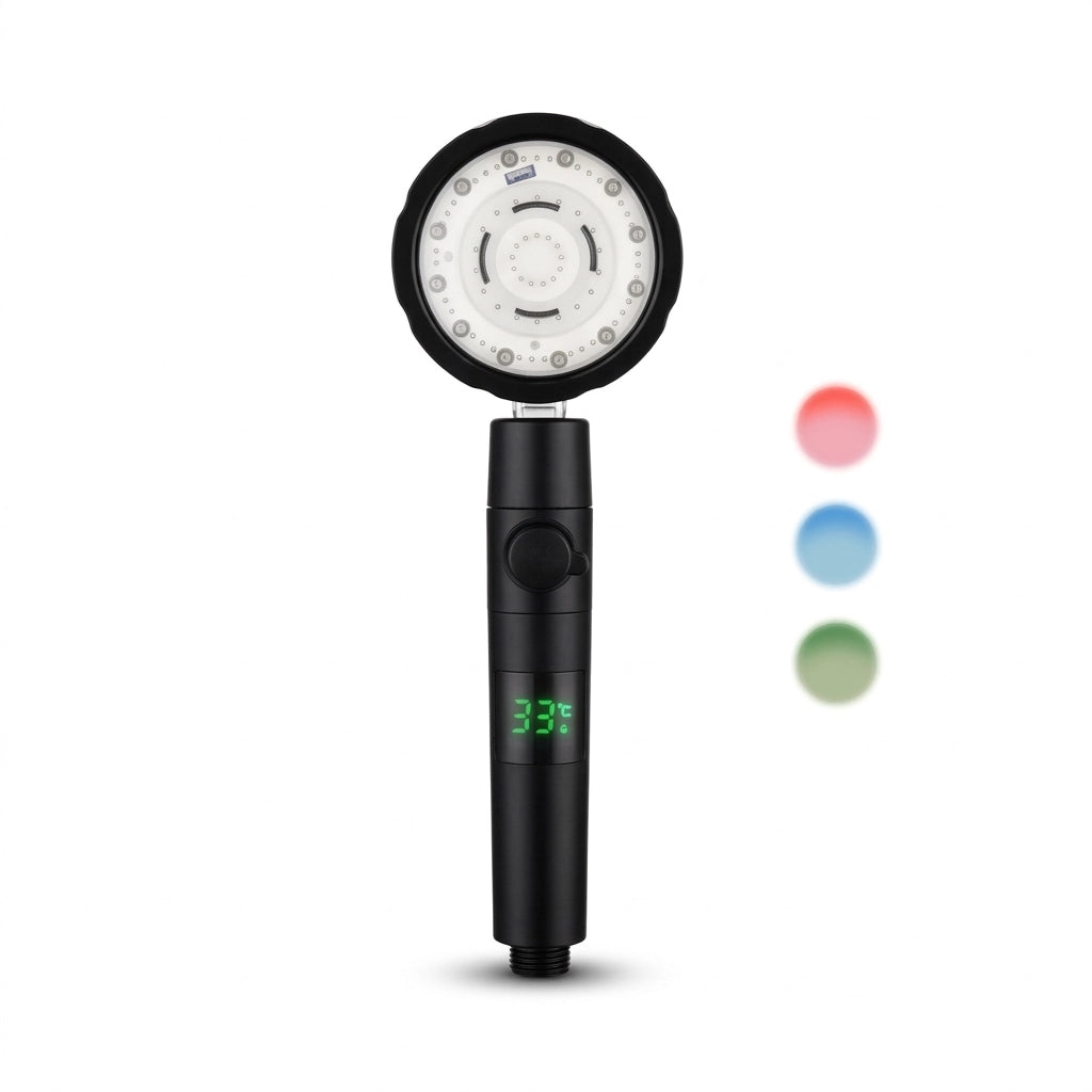 Pommeau de douche noir à LED thermosensible vu de face sur fond blanc