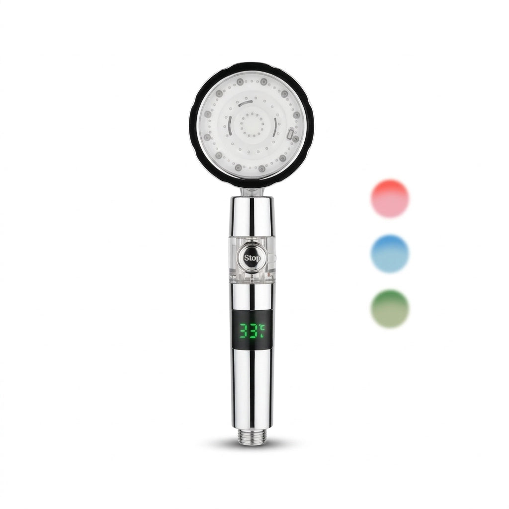 Pommeau de douche à LED thermosensible vu de face sur fond blanc