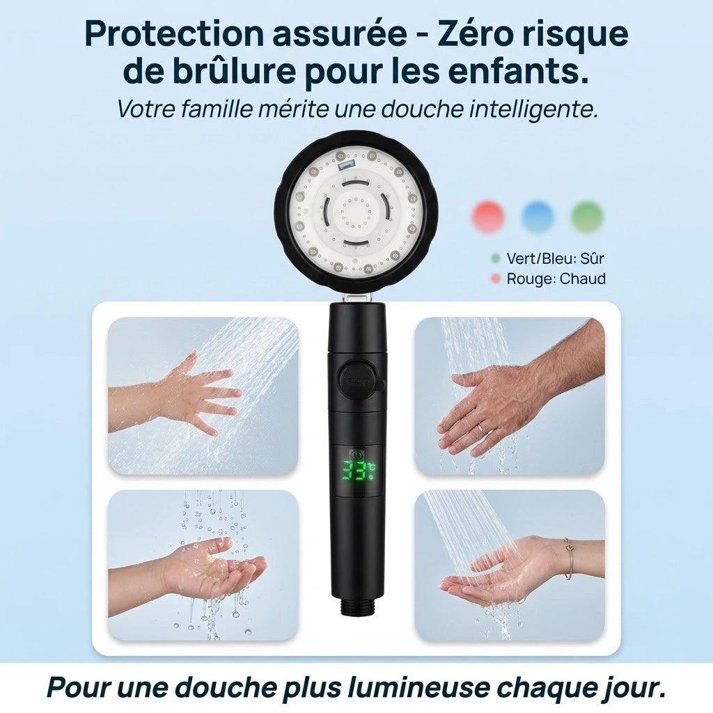 Pommeau de douche à led thermosensible - vue de face sur fond blanc